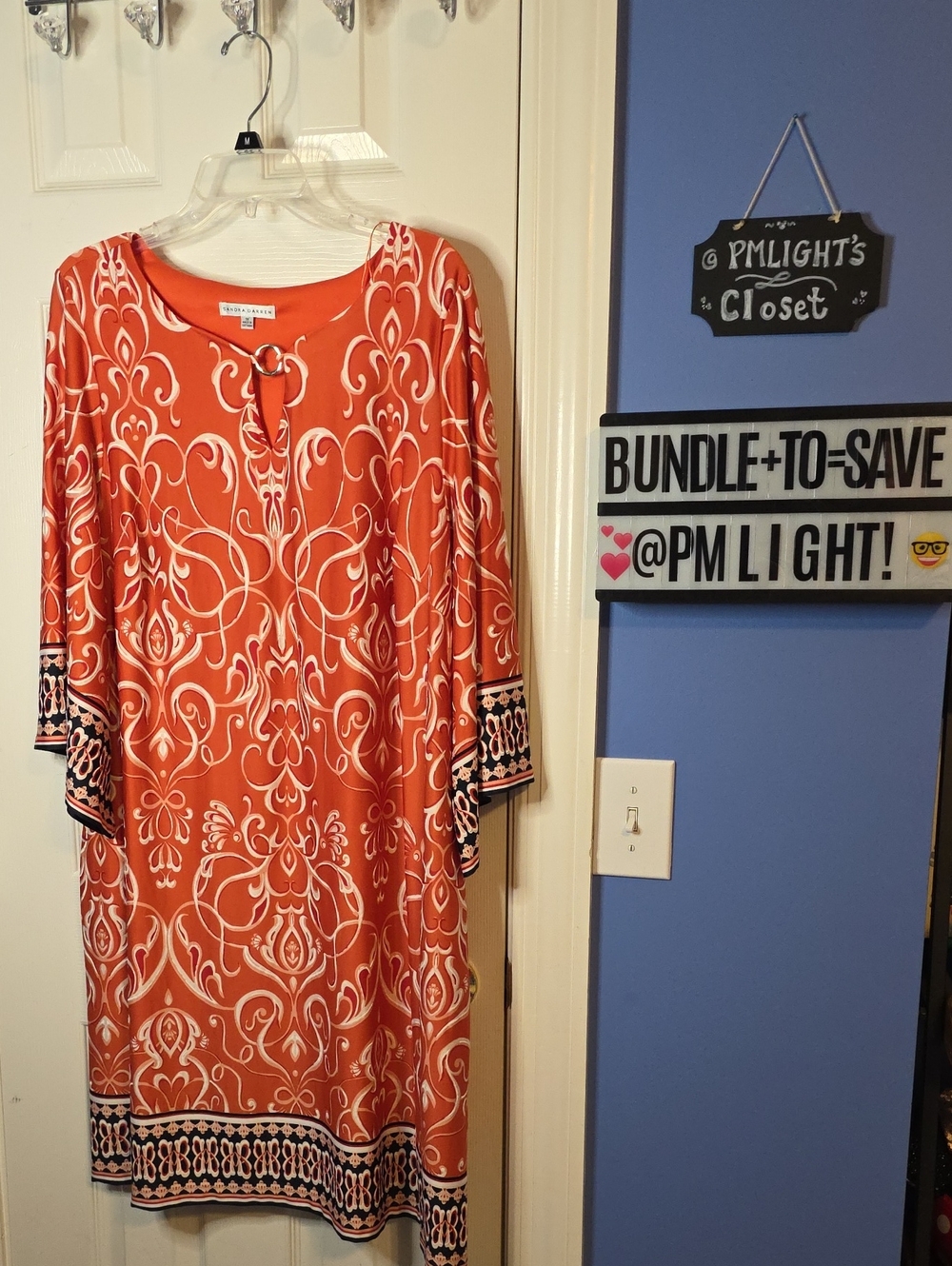 Sandra Darren Filigree Print Dress 1X Orange Navy White Bell Sleeves